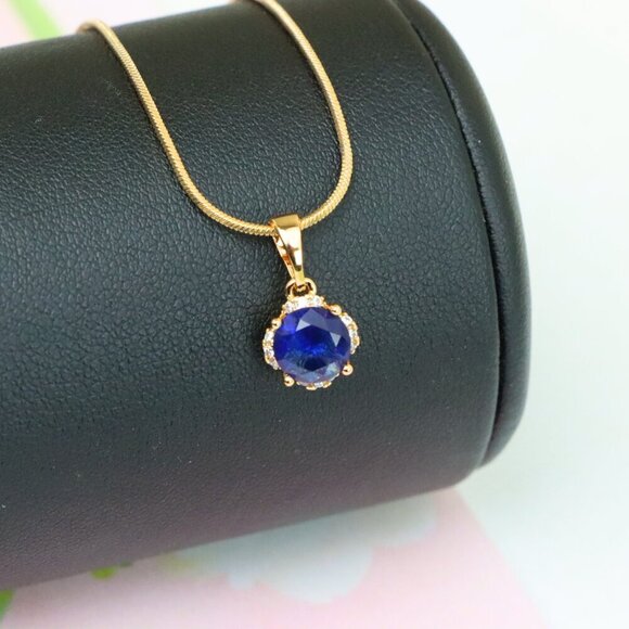 "Elegant Round Blue Gemstone Pendant in Rose Gold, XPPT1324 - Picture 3 of 13